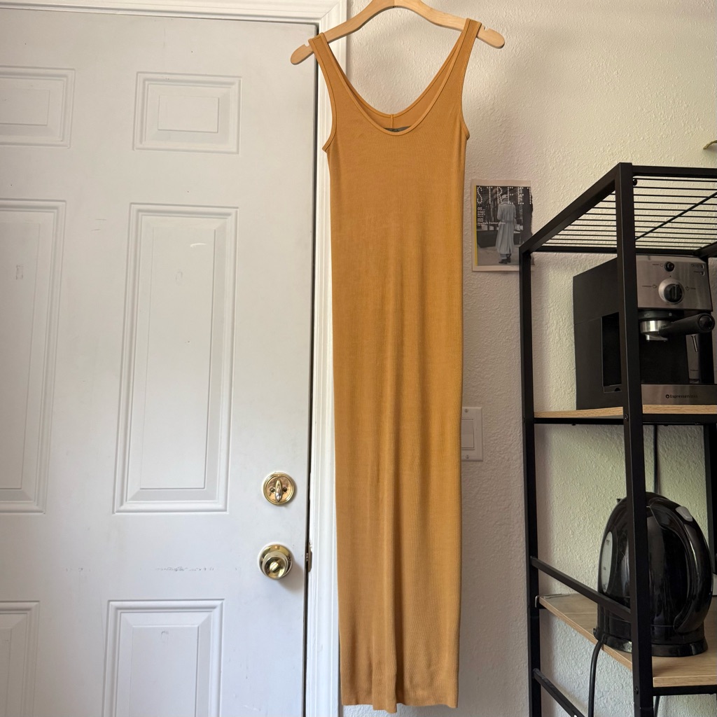 Enza Costa Mustard Yellow Soft Rib Knit Stretchy Bodycon Scoop Sleeveless Midi